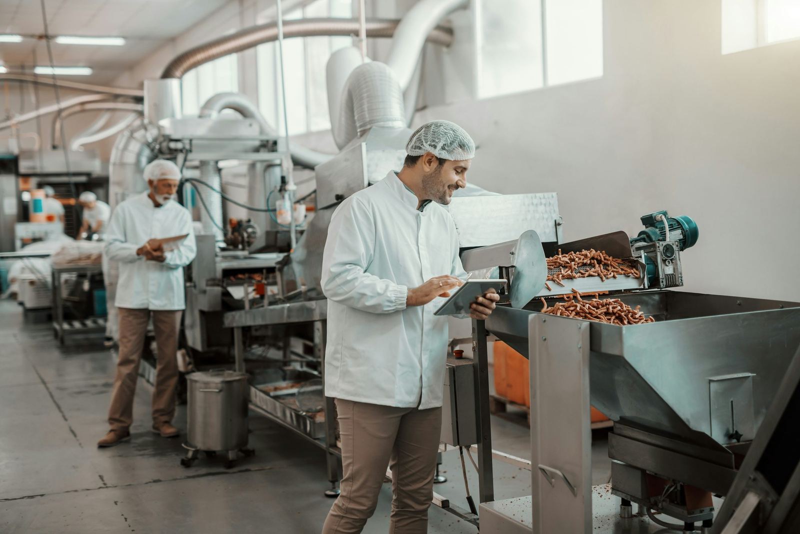 A worker in a white coat and hairnet checks a tablet beside a machine discharging snack sticks on a factory floor, with colleagues working behind him.