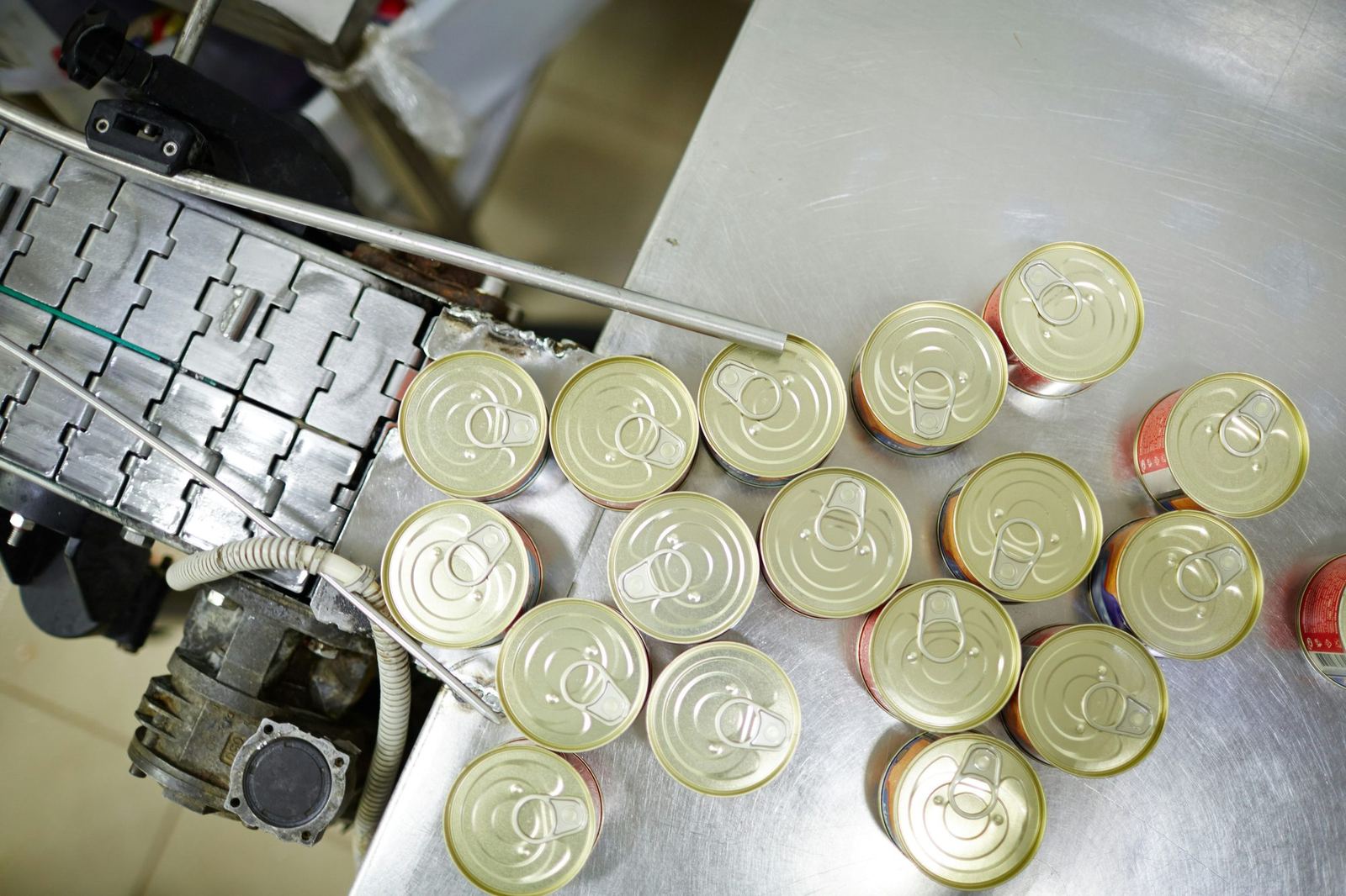 Sealed tin cans with ring-pull lids sit on a stainless steel table beside a conveyor in a canning factory.