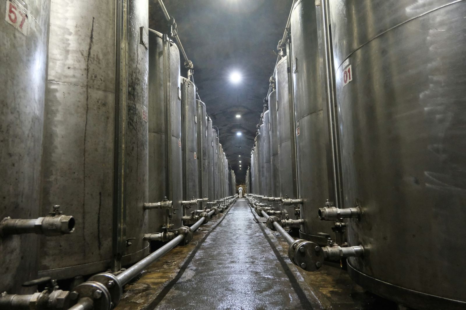 Rows of large stainless steel tanks line a long, narrow corridor with pipework running along the floor.
