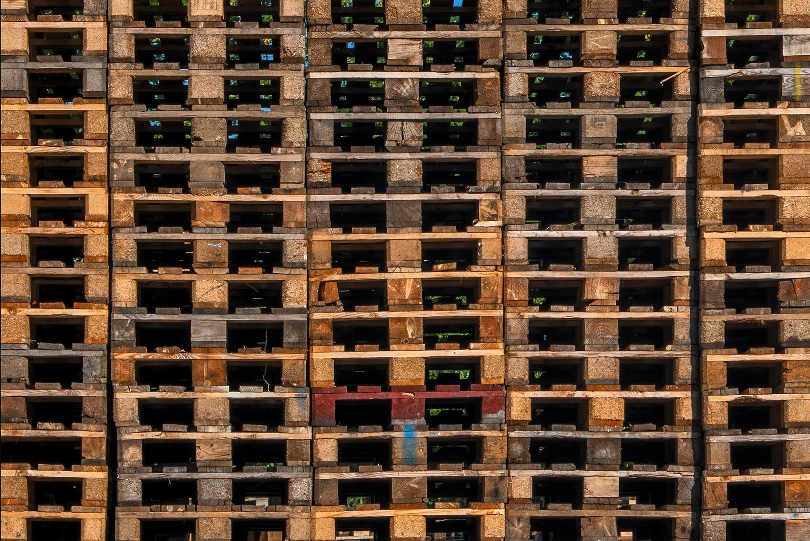 Tall stacks of used wooden pallets fill the frame.